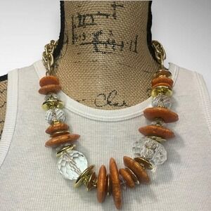 Chunky‎ Orange Gold Beaded Statement Necklace | EUC